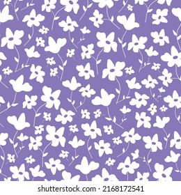 Simple vintage pattern. white flowers and leaves . Purple background. Fashionable print for textiles and wallpaper.