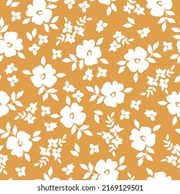 Simple vintage pattern. White flowers and leaves. yellow background. Fashionable print for textiles and wallpaper.