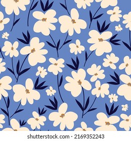 Simple vintage pattern. White flowers and dark blue leaves. blue background. Fashionable print for textiles and wallpaper.