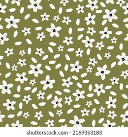 Patrón vintage simple. Flores y hojas blancas. Fondo verde. Impresión de moda para textiles y papel pintado.