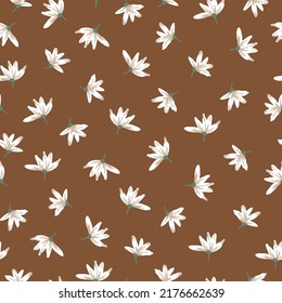 Patrón vintage simple. flores blancas. fondo marrón. Impresión de moda para textiles y papel pintado.