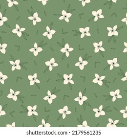 Simple vintage pattern. white flowers, green leaves outline. green background. Fashionable print for textiles and wallpaper.