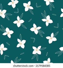 Patrón vintage simple. flor blanca y contorno de hojas. fondo azul oscuro. Impresión de moda para textiles y papel pintado.