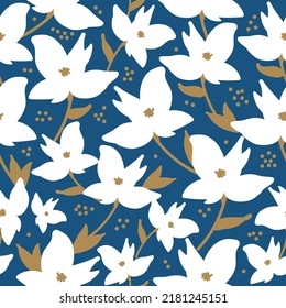 Einfaches Vintage-Muster. weiße Blumen, goldene Blätter und Punkte. blauer Hintergrund. Modedruck für Textilien und Tapeten.