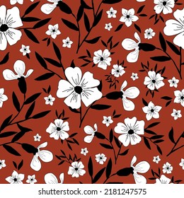 Simple vintage pattern. white flowers, black leaves. terracotta  background. Fashionable print for textiles and wallpaper.