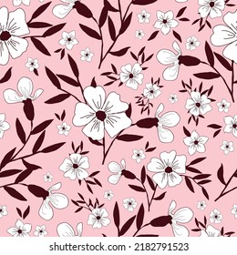 Simple vintage pattern. white  flowers,  burgundy leaves. light pink  background. Fashionable print for textiles and wallpaper.