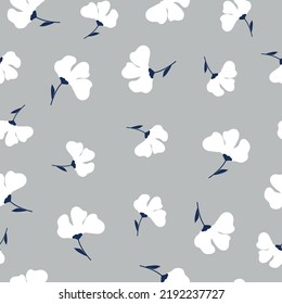 Simple vintage pattern. white    flowers, dark blue leaves. grey    background. Fashionable print for textiles and wallpaper.