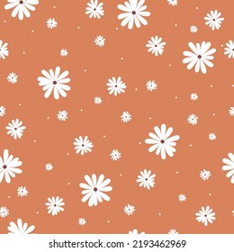 Patrón vintage simple. flores y puntos blancos. fondo naranja. Impresión de moda para textiles y papel pintado.