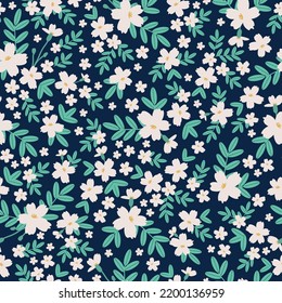Simple vintage pattern. white flowers and green leaves . dark blue background. Fashionable print for textiles and wallpaper.