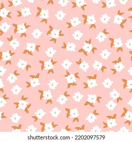 Simple vintage pattern. white  flowers. orange leaves . pink  background. Fashionable print for textiles and wallpaper.