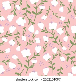 Simple vintage pattern. white  flowers. green leaves . pink  background. Fashionable print for textiles and wallpaper.