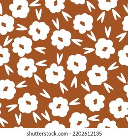 Patrón vintage simple. flores y hojas blancas. fondo marrón. Impresión de moda para textiles y papel pintado.