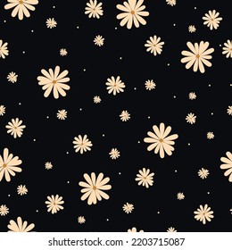 Simple vintage pattern. white flowers and dots. black  background. Fashionable print for textiles and wallpaper.