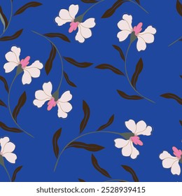 Simple vintage pattern. white flowers and blue leaves. purple background. Fashionable print for textiles, wallpaper and packaging.