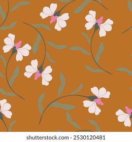 Simple vintage pattern. white flowers and blue leaves. purple background. Fashionable print for textiles, wallpaper and packaging.