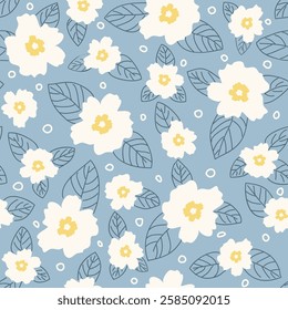Simple vintage pattern white flowers  and leaves on blue background. Flowers and leaves Hand drawn illustration of spring flower Fashionable print for textiles wallpaper.