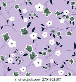 Simple vintage pattern. white flowers, green leaves. Light green background. Fashionable print for textiles, wallpaper and packaging.