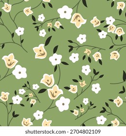 Padrão vintage simples. flores brancas, folhas verdes. Fundo verde claro. Impressão na moda para têxteis, papel de parede e embalagens.