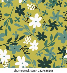Patrón vintage simple. Flores blancas y verdes, plantas. Fondo mostaza. Textura vectorial. Imagen elegante para Wallpaper.