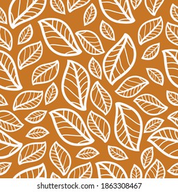 Simple vintage pattern. White outline of leaves. Terracotta background. Vector texture. Elegant and fashionable print for Wallpaper and textiles.