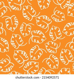 Simple vintage pattern. white outline of monstera leaves . Orange background. Print for textiles, wallpaper and packaging.