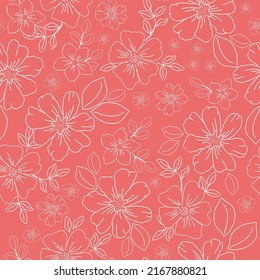 Simple vintage pattern. white outline of flowers and leaves. Red background. Fashionable print for textiles and wallpaper.