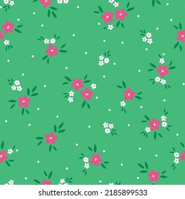 Simple vintage pattern. white and pink flowers, green leaves. bright  green background. Fashionable print for textiles and wallpaper.
