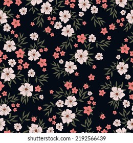 Simple vintage pattern. white and pink flowers, dark green leaves. black background. Fashionable print for textiles and wallpaper.