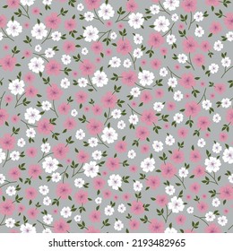 Simple vintage pattern. white and pink flowers , green leaves. grey  background. Fashionable print for textiles and wallpaper.