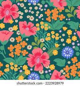 Simple vintage pattern. Wonderful pink and orange flowers, green leaves. Green background. Fashionable print for textiles and wallpaper.