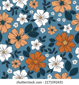 Simple vintage pattern. Wonderful white and orange flowers, dark blue leaves, black outline. Blue background. Fashionable print for textiles and wallpaper.