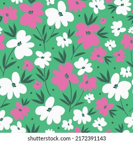 Simple vintage pattern. Wonderful white and pink flowers, green leaves.Bright green background. Fashionable print for textiles and wallpaper.