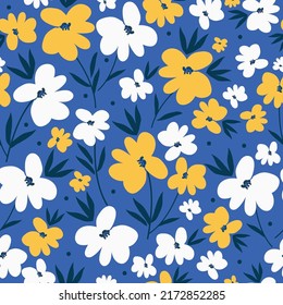 Simple vintage pattern. Wonderful white and yellow flowers, dark blue leaves. Blue background. Fashionable print for textiles and wallpaper.