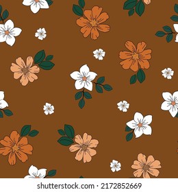 Simple vintage pattern. Wonderful white and orange flowers, green leaves. Black outline . Brown background. Fashionable print for textiles and wallpaper.