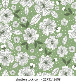 Simple vintage pattern. Wonderful white and flowers and dots, green leaves. Light green background. Fashionable print for textiles and wallpaper.