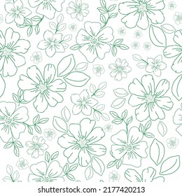 Simple vintage pattern. wonderful
white flowers and leaves. green outline. white background. Fashionable print for textiles and wallpaper.