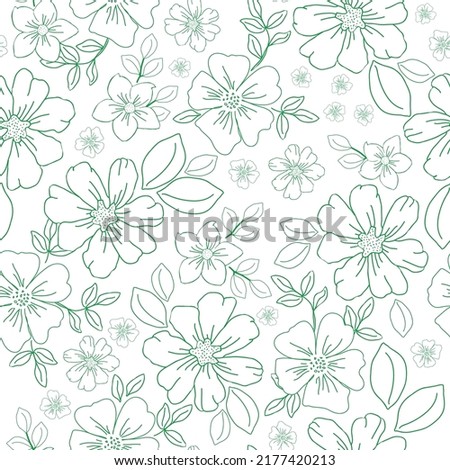 Simple vintage pattern. wonderful
white flowers and leaves. green outline. white background. Fashionable print for textiles and wallpaper.