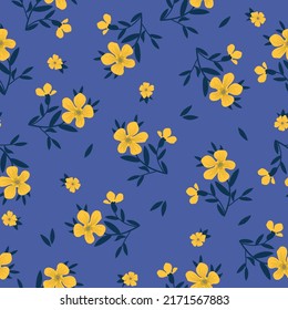 Patrón vintage simple. Flores amarillas maravillosas, hojas azules oscuras. Fondo azul. Impresión de moda para textiles y papel pintado.