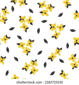 Patrón vintage simple. flores amarillas, hojas negras. fondo blanco. Impresión de moda para textiles y papel pintado.