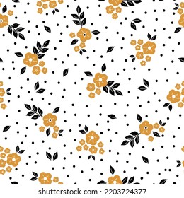 Einfaches Vintage-Muster. gelbe Blumen. schwarze Blätter und Punkte. weißer Hintergrund. Modedruck für Textilien und Tapeten.