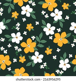Simple vintage pattern. yellow and white flowers, green leaves . dark green background. Fashionable print for textiles, wallpaper and packaging.