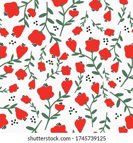 Simple vintage poppy pattern. White background, red flowers. The print is well suited for textiles, Wallpaper and packaging.