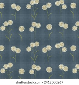 Simple vintage seamless flower pattern on dark blue gauze textured background. Doodle dandelion meadow surface design print.