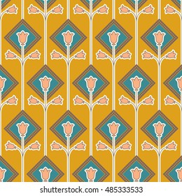Simple vintage seamless pattern with tulips made in line style. Can be used as invitation, envelope, greeting card, brochure, flyer.