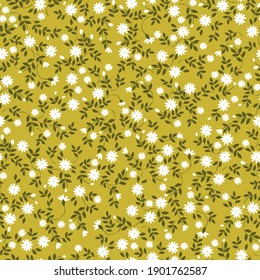 Simple vintage small white flower pattern on mustard background. Vector pattern. Fashionable print for textiles and wallpaper.