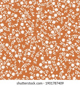 Einfache Vintage, kleine weiße Blumenmuster auf Terrakotta
bunter Hintergrund. Vektormuster. Modedruck für Textilien und Tapeten.