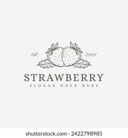 Simple vintage Strawberry logo, Line Leaf Strawberry vector design