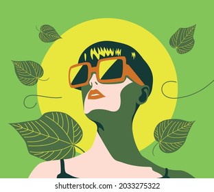 Simple vintage vector people illustration. Stylish woman with sunglasses and natural background