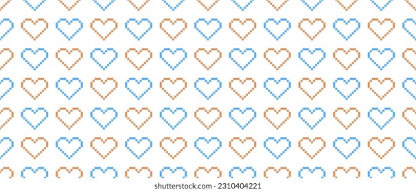 Simple Vintage Y2K Style Hearts Seamless Vector Pattern. Trendy Print with Blue and Gold Geometric Love Symbols Isolated on a White Background. Creative Minimalist Endless Design. RGB Color.