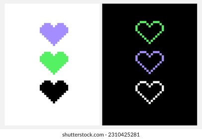 Simple Vintage Y2K Style Valentine's Day Vector Card. Trendy Print with Neon Green and Violet Pixel Hearts on a White and Black Background. Creative 90's Pixel Art Design. RGB Color Love Symbol Print.